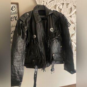 Vintage First Genuine Leather Jacket Mens Motorcycle Biker Jacket Fringe Braided
